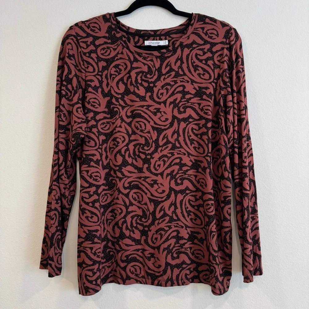 Chico’s Touch Of Cool Paisley Layering Tee Long Sleeve Comfy Stretch L - Picture 2 of 4